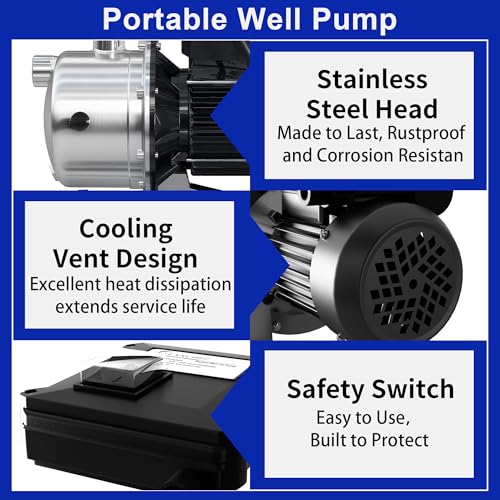 LANCHEZ 1.2 HP Shallow Well Pump, 2100 GPH Stainless Steel Garden Irrigation Pump, 115V Water Transfer Pump, Water Booster Jet Pump for Home Garden Lawn Farm, Black silver - color: Black Silver
