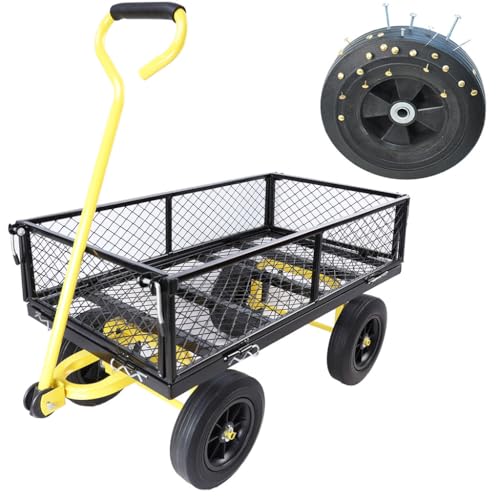 1000 lbs Heavy Duty Steel Garden Cart, 2-in-1 Convertible Utility Wagon with Removable Mesh Sides & Flatbed, 10" Solid No-Flat Tires, 180° Rotating T-Handle Yard Cart for Lawn, Farm, Warehouse,Yellow - color: Yellow