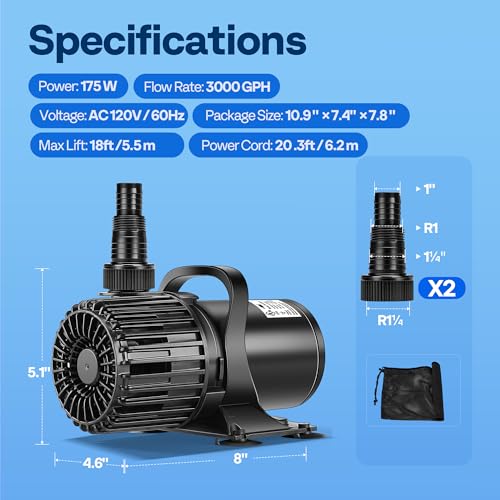 VIVOHOME 175W Pond Pump, 3000GPH Submersible Water Pump for Koi Pond - size: 3000GPH