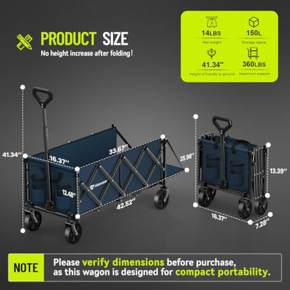 HIKEMOON 43'' Extra Long Folding Wagon with Extended Tailgate, Blue - color: Navy Blue