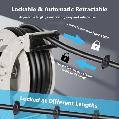 3/4" Diesel Fuel Hose Reel 50ft 300 PSI Retractable Heavy Duty Hose for Kerosene Spring Driven Auto Swivel Fuel Pump Transfer Hose with Nozzle Refueling for Service Truck Tank Boats Air Vehicle - size: #205-3/4" x 50ft, Silver