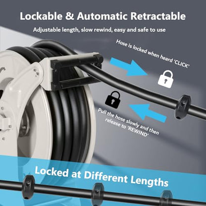 3/4" Diesel Fuel Hose Reel 50ft 300 PSI Retractable Heavy Duty Hose for Kerosene Spring Driven Auto Swivel Fuel Pump Transfer Hose with Nozzle Refueling for Service Truck Tank Boats Air Vehicle - size: #205-3/4" x 50ft, Silver