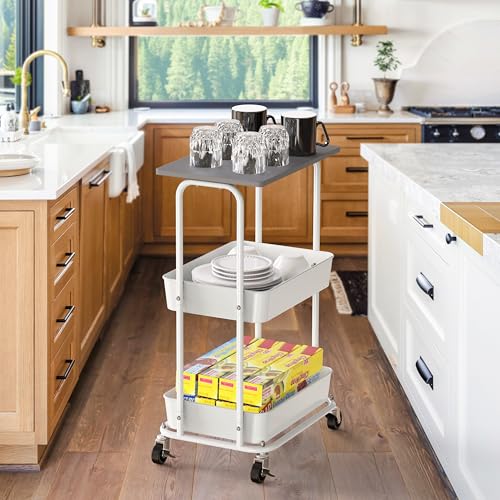 Simple Houseware 2-Tier Rolling Utility Cart Wood Top/Lockable Wheel, Gray - color: Grey