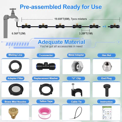 GOXAWEE Misting Cooling System, 26FT (8M) Mist Line, 7 Brass Mister Nozzles