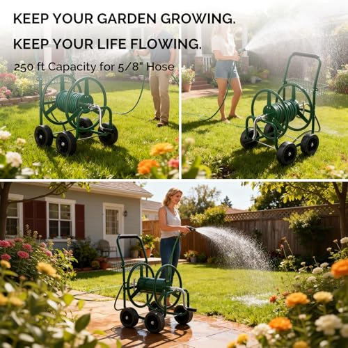 VINGLI 4-Wheel Garden Hose Reel Cart with Storage Basket, Portable Residential Hose Reel Cart, Lawn Watering, for Garden Backyard and Farm (Green 250FT) - color: Green 250ft- 4 Wheel
