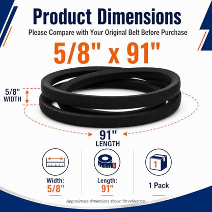 1pack 954-0467A 754-0467 Lower Drive Belt, 5/8" x 91" Lawn Mower Transmission Drive Belt Replacement Compatible with MTD Cub Cadet LTX1040, Troy-Bilt Bronco, Craftsman LT2000, Toro LX420 LX460