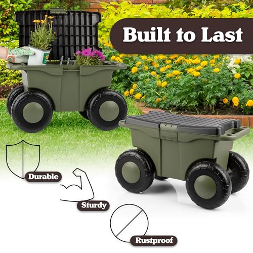 Pure Garden Rolling Garden Cart with Seat, Green - color: Green