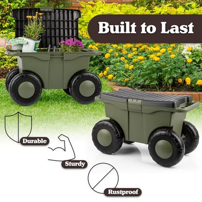 Pure Garden Rolling Garden Cart with Seat, Green - color: Green