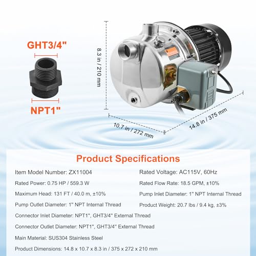 VEVOR 3/4HP SUS304 Stainless Steel Shallow Well Jet Pump, 115 Volt, 18.5 GPM 131 FT Maximum Head Irrigation Water Pump, for Agricultural Garden Irrigation System High-Rise Water Supply Shower Booster - style: 3/4HP SUS304