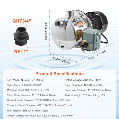 VEVOR 3/4HP SUS304 Stainless Steel Shallow Well Jet Pump, 115 Volt, 18.5 GPM 131 FT Maximum Head Irrigation Water Pump, for Agricultural Garden Irrigation System High-Rise Water Supply Shower Booster - style: 3/4HP SUS304