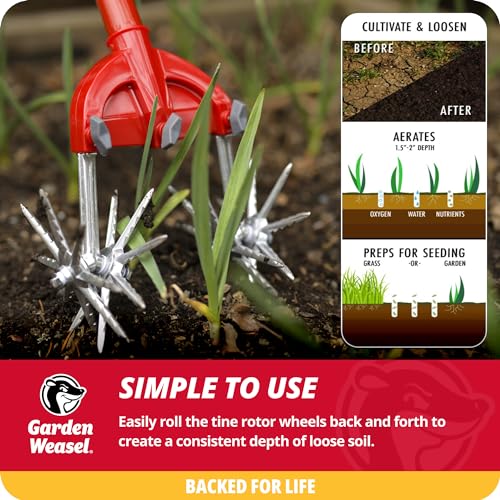 Garden Weasel Rotary Hand Cultivator Tiller for Aerating Weeding Planting