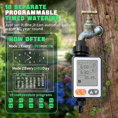 Programmable Water Timer for Garden Hose,10 Independent Watering Programs,Digital Sprinkler Timer with Rain Delay,Large LCD Display,Suitable for lawns, courtyards,and Vegetable Gardens