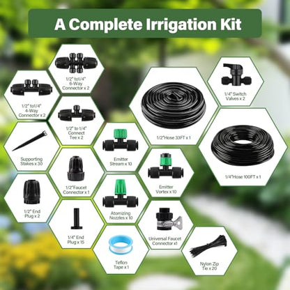 133FT Quick-Connect Drip Irrigation Kit with 30 Drip Emitters,3 Spray Types - size: 133FT Drip Irrigation System Kit
