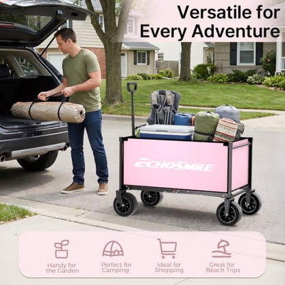 EchoSmile Collapsible Wagon Cart, Heavy Duty 400lbs Capacity, Pink - color: Pink&gray