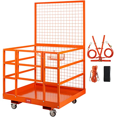 VEVOR Forklift Safety Cage, Forklift Man Basket 1400lbs Capacity, 43"x45" Work Platform with Safety Harness & Lock, Drain Hole & Wheels & Tool Basket, Perfect for Aerial Work - style: 43"x45" with Wheels