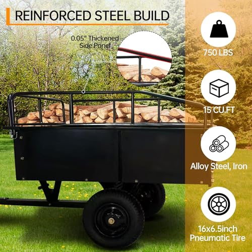 750 LBS Heavy‑Duty Dump Cart, 13.5 Cu.ft Steel Lawn Mower Trailer & Garden Trailer, Quick‑Release Dumping ATV Dump Trailer & Garden Utility Cart for Yard Work, Landscaping, Farm & Lawn Mower Towing