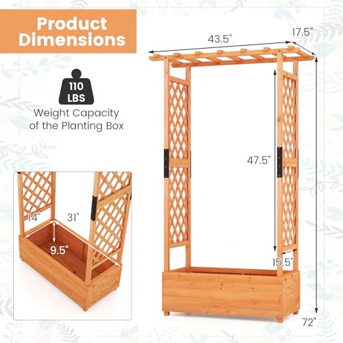 S AFSTAR 72-Inch Raised Garden Bed with Arch Trellis, Hanging Roof & Drainage Holes, Vertical Plant Container for Vine Climbing Plant Flower, Indoor Outdoor Wood Elevated Planter Box for Garden Patio - size: 43.5"L x 17.5"W x 72"H