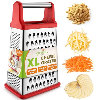 Spring Chef Stainless Steel XL Cheese Grater for Kitchen, Red - color: Red