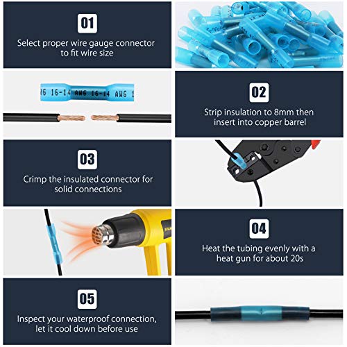 100PCS Heat Shrink Butt Wire Connectors 16-14 AWG, Insulated Waterproof Electrical Wire Connectors Automotive Marine Grade Wire Crimp Terminals Butt Splices, Ideal for Boat, Truck, Blue - size: 16-14 AWG - Blue 100 PCS