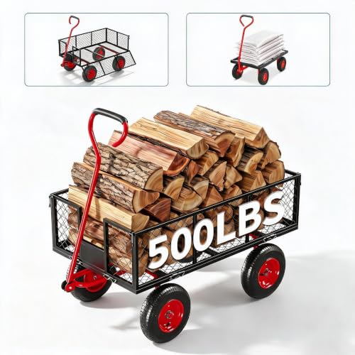 Heavy Duty 500 Lbs 3Cu Ft Steel Garden Cart Utility Wagon-Red