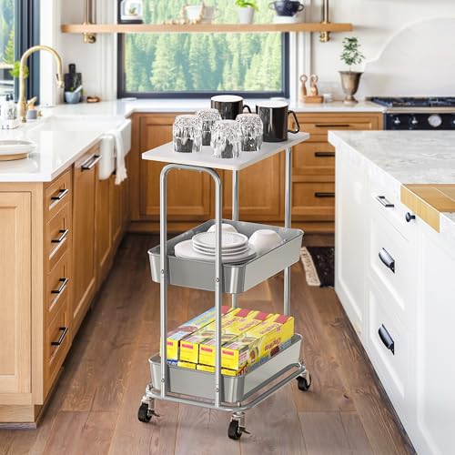 Simple Houseware 2-Tier Rolling Utility Cart Wood Top/Lockable Wheel, White - color: White