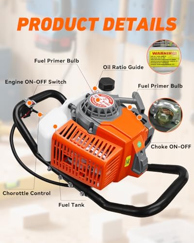 NEO-TEC 72CC Post Hole Digger Gas Powered Auger with 6"10"12" Bits & 1 Ext - size: 72CC+6"+10"+12"+2 Extension