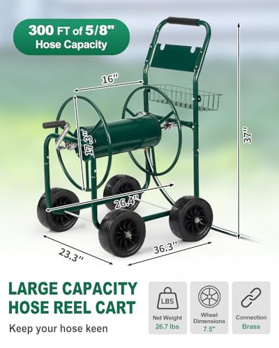 Outvita Garden Hose Reel Cart, Heavy Duty, 300 ft of 5/8" Hose, Green