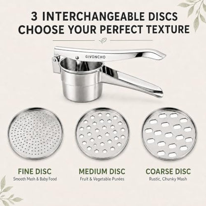 Stainless Steel Potato Ricer & Masher Set, 15 oz, 3 Discs & Brush