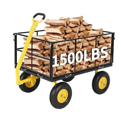 Jojoka 1500 lbs Heavy Duty Steel Mesh Garden Cart - Folding Utility Wagon - Removable Sides - 13" All-Terrain Wheels - 180° Swivel Handle - for Lawn, Yard, Farm, Soil, Plant Transport - 13X4.00-6