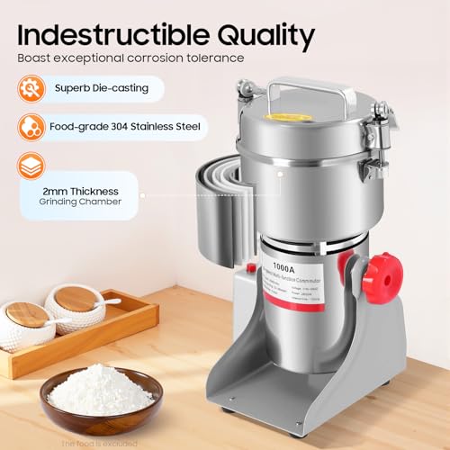 Electric Grain Mill Grinder, 1000g/2.2 lbs High-speed 30000r/min Food Grinder, 110V 3600W Countertop Grain Mill for Dry Spice Herbs Grains Coffee Rice Pepper (1000g) - size: 1000g