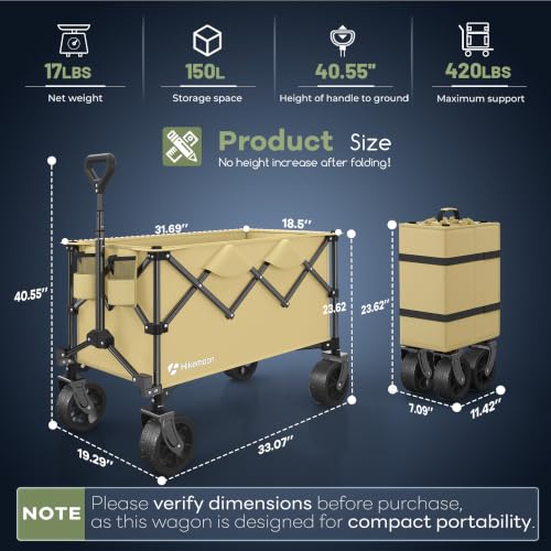 HIKEMOON 150L Collapsible Wagon Compact with Big Wheels, 420LBS Khaki - color: Khaki