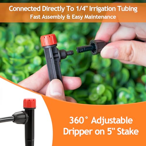 50pcs Drip Emitters for 1/4" Irrigation Tubing, Easy Connect Adjustable 360 Degree Water Flow Sprayer On 5" Stake for 4/7mm Tube Locked Drippers for Garden, Flower, Plant - color: Red Drip Emitter