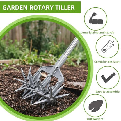 Rotary Cultivator, Hand Tiller Garden Tool with Sturdy Metal Tines