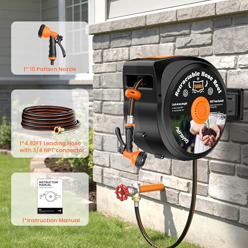 Retractable Garden Hose Reel, 1/2 in x 65 ft Wall Mounted Hose Reel - size: 65FT