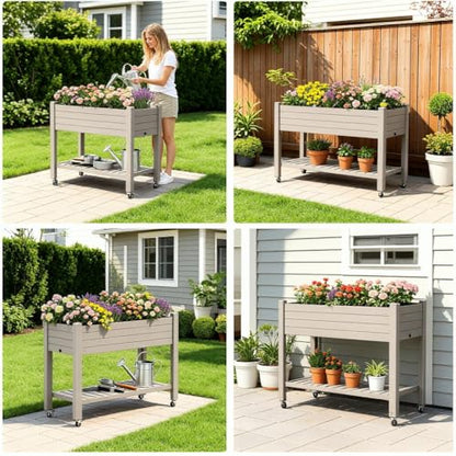 Raised Garden Bed with Shelf, Rolling Resin Planter Box, Gray - color: Gray, size: 33.7" H
