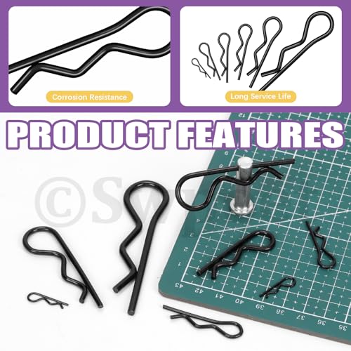 Swpeet 145Pcs 6 Sizes Black Zinc-Plated Carbon Steel Cotter Pin Assortment Kit, Hitch Pin Clip, R Clips, Retaining Pins, Hair Pin, Hardware Pins, Spring Fastener for Dolly Pins Trailer Pin Clips