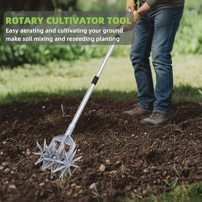 Rotary Cultivator, Hand Tiller Garden Tool with Sturdy Metal Tines