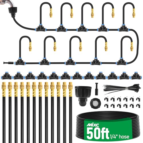 MIXC 50Ft 1/4" Drip Irrigation System,2026-Upgrade Garden Irrigation Kit with 12pcs Adjustable Copper Nozzles,Automatic Atomizing Watering System for Outdoor Plants,Raised Bed,Yard,Potted Plant,Lawn - size: 50ft