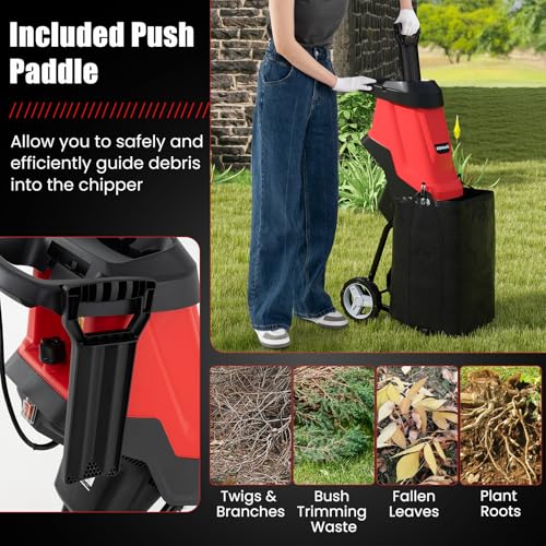 Goplus 15-AMP Electric Wood Chipper, Wood Shredder with Wheels, Safety Locking Knob, Collection Bag, 1.77 Inches Cutting Diameter, Max 15:1 Reduction