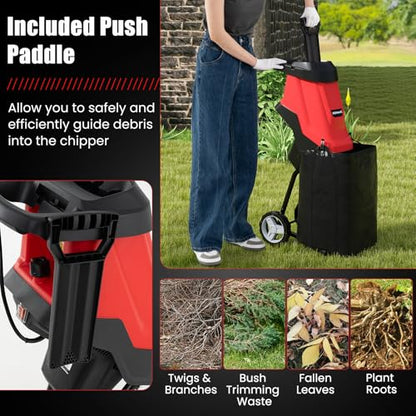 Goplus 15-AMP Electric Wood Chipper, Wood Shredder with Wheels, Safety Locking Knob, Collection Bag, 1.77 Inches Cutting Diameter, Max 15:1 Reduction