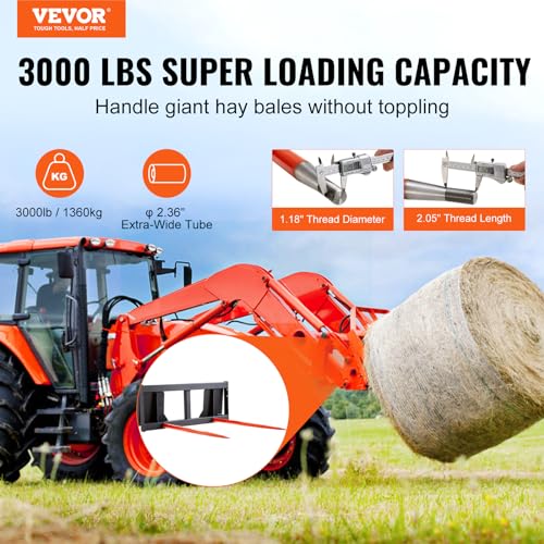 VEVOR 49" Hay Spear, Bale Spears 3000lbs Loading Capacity, Skid Steer Loader Tractor Attachment 2pcs Spears, Quick Attach Spike Forks - style: 49" Horizontal Assembly
