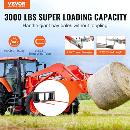VEVOR 49" Hay Spear, Bale Spears 3000lbs Loading Capacity, Skid Steer Loader Tractor Attachment 2pcs Spears, Quick Attach Spike Forks - style: 49" Horizontal Assembly