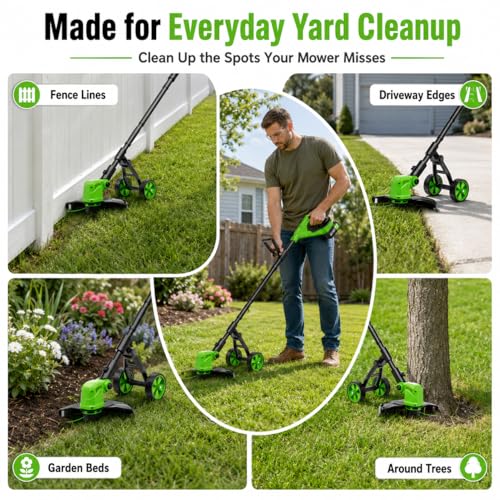14" Walk Behind String Trimmer with Wheels, Cordless Weed Wacker