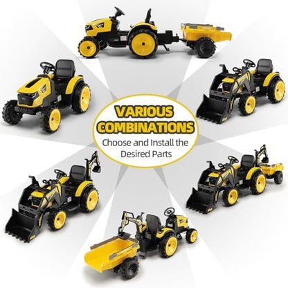3 in 1 Ride on Tractor, 24V Ride on Toy for Big Kids, Excavator Bulldozer - Battery-Powered Electric Vehicle w/Trailer, Digger, Remote Control, LED Lights, Music, USB, Battery Powered, Yellow - color: Yellow