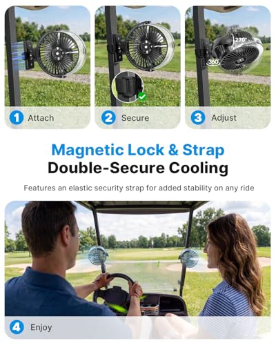 BOYISEN 2-Pack Magnetic Golf Cart Fan with Mister 2x Magnets & Secure Strap