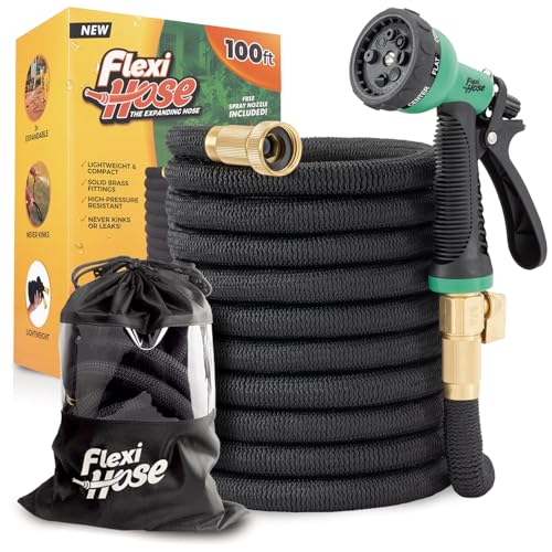 Flexi Hose Plus Expandable Garden Hose with 8 Function Nozzle, 100FT - Lightweight Retractable Garden Hose, Water Hose - No-Kink Flexibility, 3/4 Inch Solid Brass Fittings Includes Hook & Bag - size: 100ft