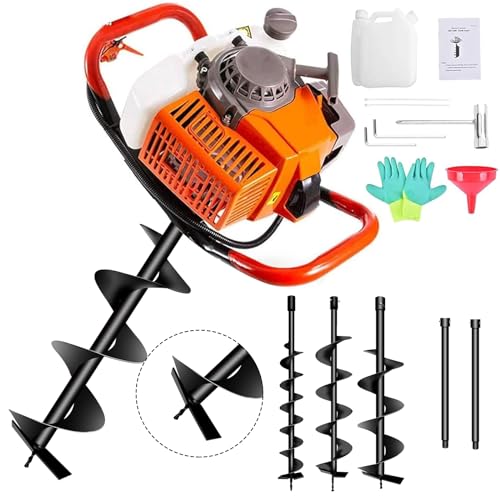 72cc Post Hole Digger 2-Stroke Petrol Gas Powered Earth Digger with 3 Auger Drill Bits (3" 5" & 8") + 2 Extension Rods（24" & 24"） for Farm Garden Plant - size: 72cc+3 auger(3"5"8")+2 Ext(24"24")
