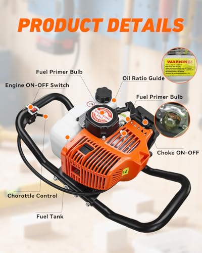 NEO-TEC 63CC Post Hole Digger Gas Powered, 2-Stroke Earth Auger with 6" & 10" Auger Bits + 3 Extension Bars, Heavy Duty Ice Auger & Fence Post Hole Digger for Soil, Clay & Frozen Ground - size: 63CC+6"+10"+3 Extension