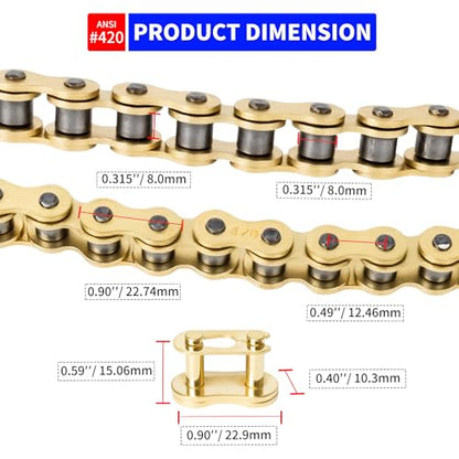 420 Gold Motorcycle Chain Kit, 132 Links with Chain Breaker and 10 Connecting Master Links, Heavy Duty Chain for 50cc-125cc Dirt Bike, Go Kart, ATV, Quad, Scooter, Mini Bike, CT200U and M200 - size: 132 Links, style: #420 Gold Chain