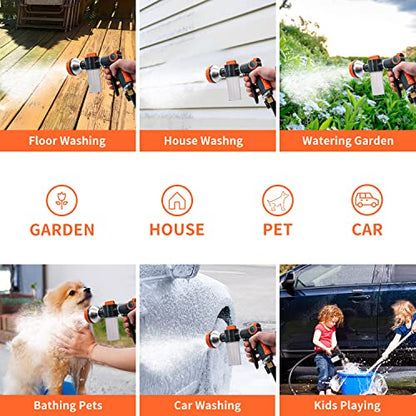 Garden Hose Nozzle,8 Patterns Hose Sprayer High Pressure,Heavy Duty Dog Wash,Metal Water Hose Nozzle with Soap Dispenser,Car Wash Foam Gun With Pets Things - color: Orange